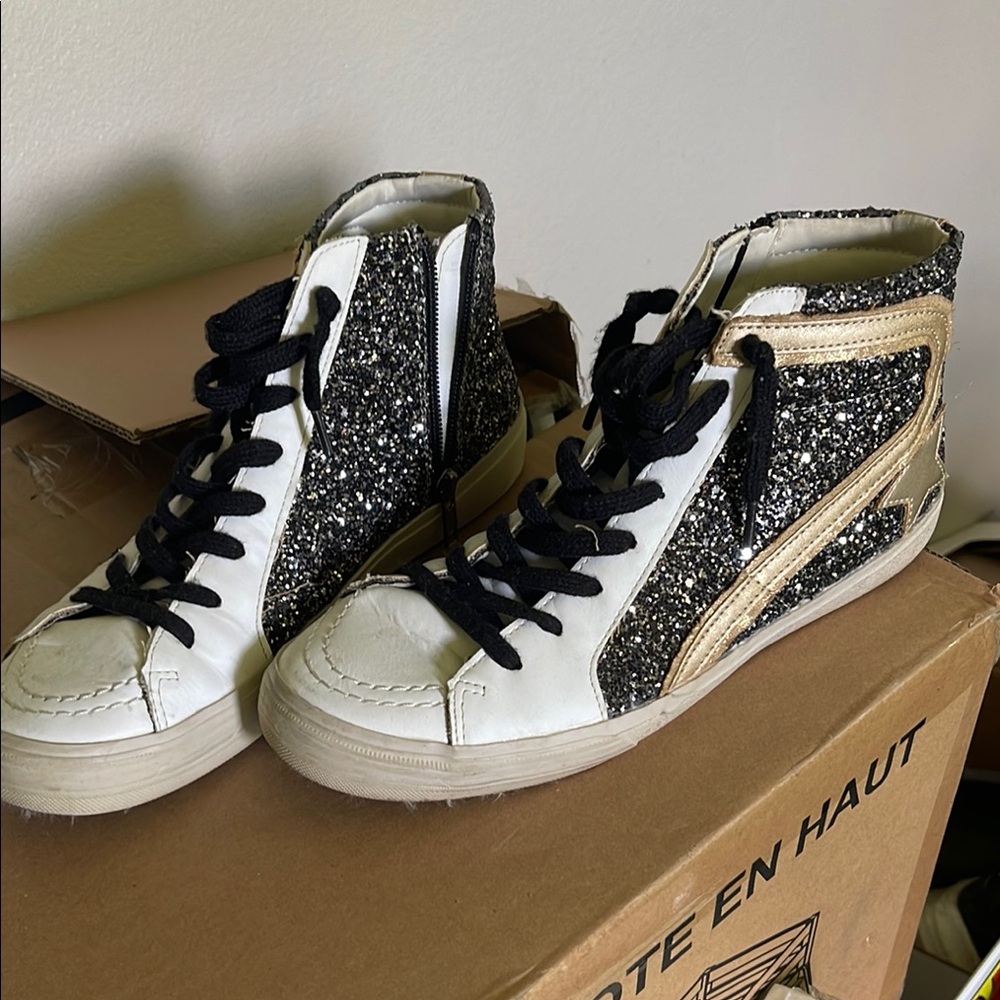 ShuShop Glitter High-Top Sneakers - Black, Gold, and White